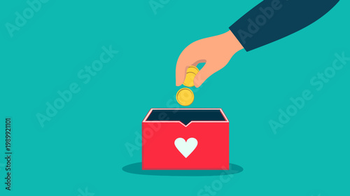 A cartoon hand places gold coins into a donation box with a heart on a teal background