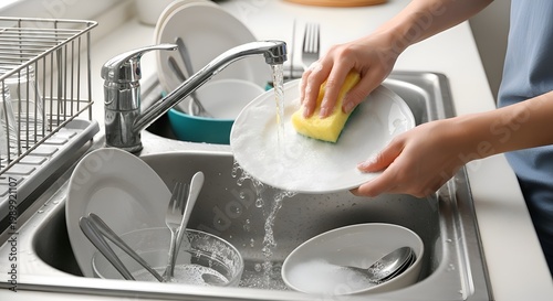 Hands washing dishes in kitchen sink with running water and sponge, domestic chores
