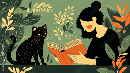 A woman reading an orange book next to a black cat with leaves in the background. Illustrative artwork