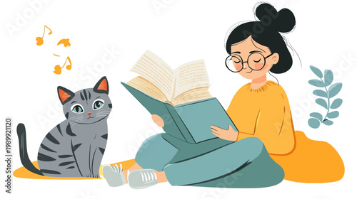 Illustration of a woman in glasses reading a book beside a cat. Notes float