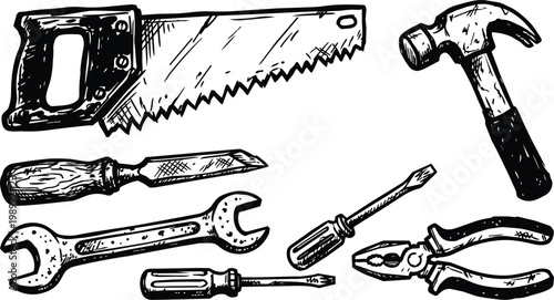 Hand drawn black and white tool set saw hammer chisel wrench pliers and screwdrivers line art vector
