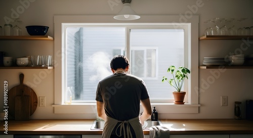 Man Washing Dishes in Sunlit Kitchen