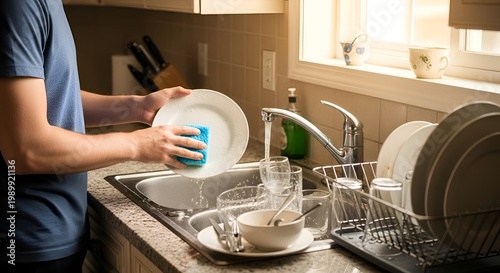 Man washing dishes in kitchen sink with running water, domestic chores, home cleaning