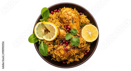 Delicious bowl of chicken biryani with lemon slices and herbs isolated on transparent background