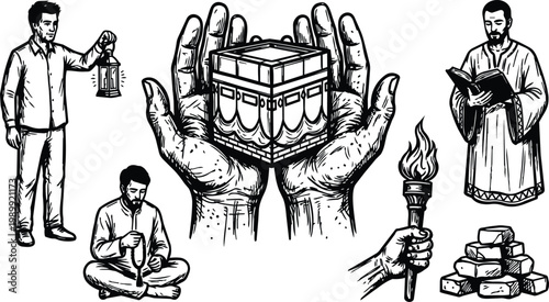 Line art kaaba held in cupped hands surrounded by pilgrims with lantern and torch