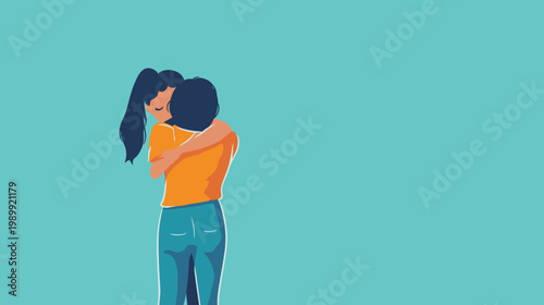Illustration of two figures embracing. One person is wearing an orange shirt and blue jeans