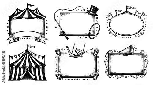 Vintage Circus Decorative Frames and Banners Vector Illustration Set with Carnival Elements, Trapeze Artist, and Big Top Tent Borders