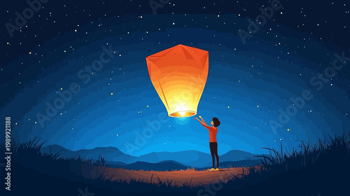 A person releases a lantern into the night sky filled with stars, over a silhouette of land