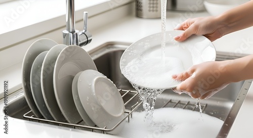 Washing Dishes in Kitchen Sink with Running Water and Bubbles
