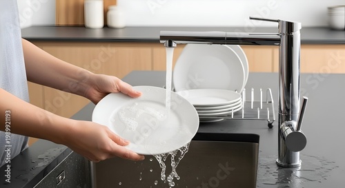 Washing Dishes in Modern Kitchen Sink with Chrome Faucet and Stacked Plates