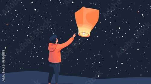 A person, dressed in orange, releases a floating lantern into a starry night sky. The scene is calm and hopeful