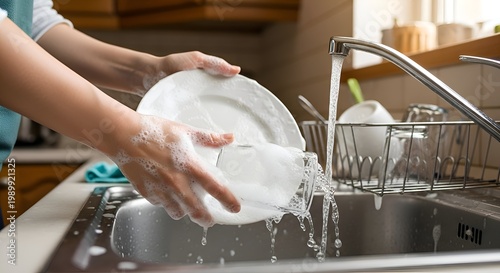 Woman washing dishes in kitchen sink with running water and soap suds