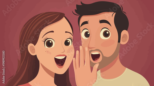 Illustration of a man and woman. The woman has an open mouth while the man whispers a secret