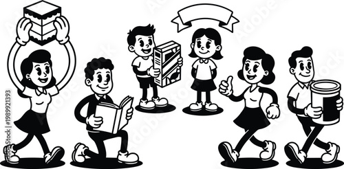 Retro cartoon black and white children carrying cake book cereal box and can in a row
