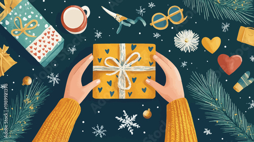 Hands holding a gift box surrounded by winter-themed items like hearts, snowflakes, and greenery