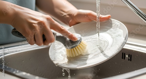 Woman's hands washing a white plate with a brush under running water in a kitchen sink.
