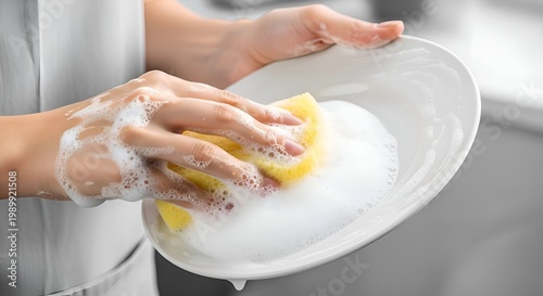 Woman's Hands Washing a White Plate with a Yellow Sponge and Sudsy Water
