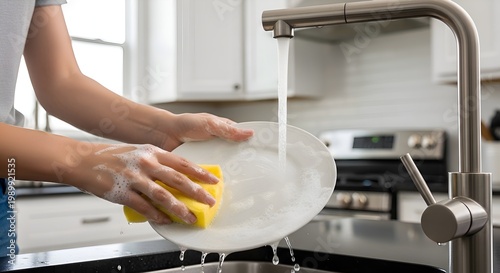 Woman's hands washing a white plate with a yellow sponge under running water in a modern kitchen.