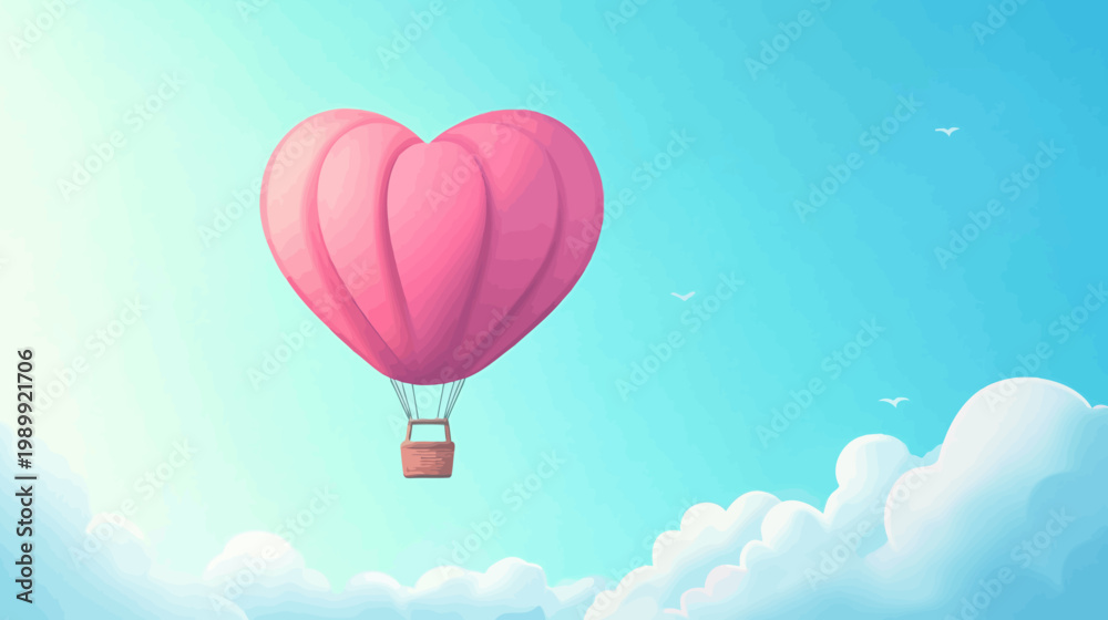 Obraz premium A heart-shaped hot air balloon floats in a light blue sky with white clouds and a few flying birds