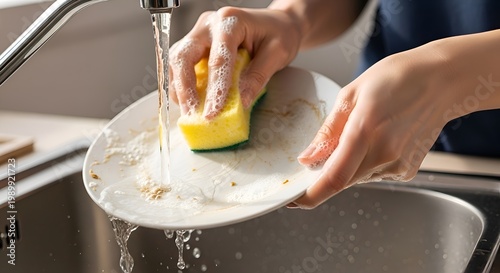 Close-up of hands washing a dirty plate with a sponge under running water in a sink.