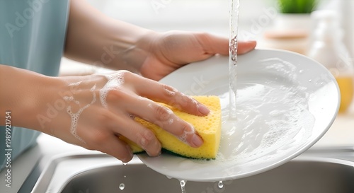 Close-up of hands washing a plate with a yellow sponge under running water in a kitchen sink.