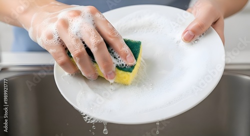 Close-up of hands washing a white plate with a sponge and soap bubbles in a kitchen sink