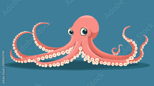 A cartoon illustration of an octopus with big eyes and tentacles with suckers, against a teal background