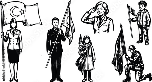 Monochrome line art flag bearers soldier kneeling woman saluting child with flag