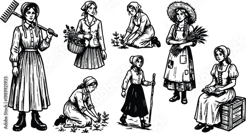 Black and white line art peasant women gardening poses with rake basket and book