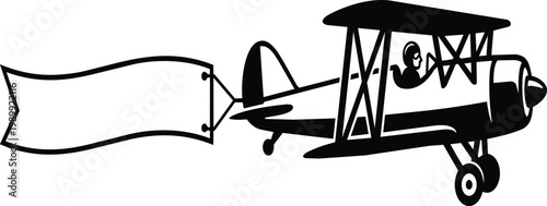 Black and white biplane pulling blank banner with visible pilot in open cockpit vector art