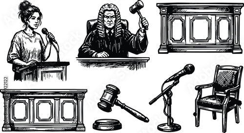Black and white courtroom line art set with witness woman judge gavel and microphone