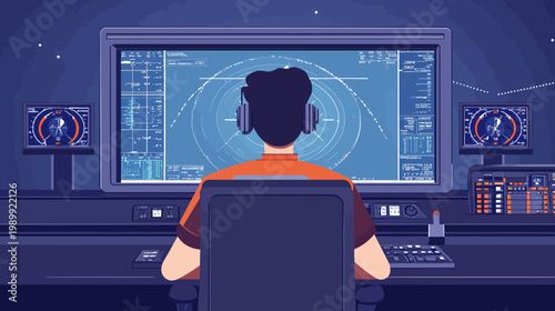 A person wearing a headset operates complex machinery in a dimly lit control room