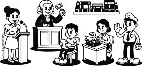 Black and white courtroom scene witness child defendant judge gavel reporter typing police officer