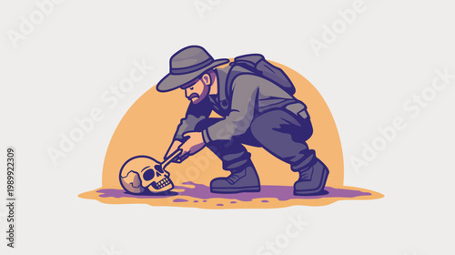 An illustration of a person examining a human skull against a golden-orange backdrop