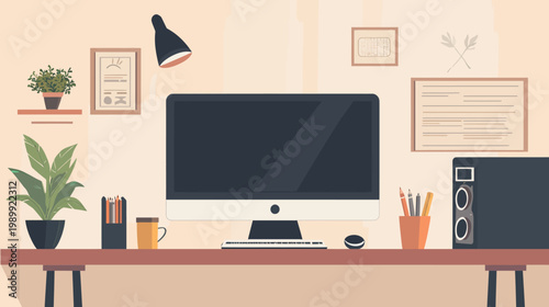 A simple illustration of a desk with a computer, plants, and various office supplies