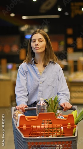 Focused woman buying groceries in a modern supermarket