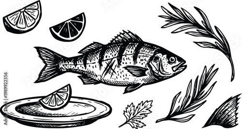 Black and white line art whole fish with lemon wedges plate and herbs