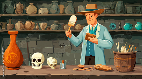A cartoon archaeologist, holding brush & document, surrounded by pottery, skulls, and equipment
