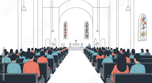 A large congregation of diverse people sits quietly in dark wooden pews inside a spacious church with high arches and colorful stained glass windows.