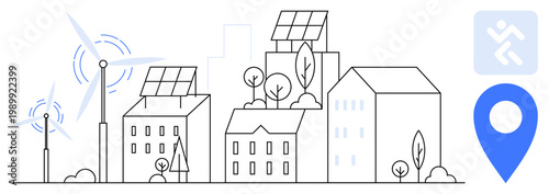 Sustainable urban living, renewable energy, green technology, eco-friendly infrastructure, city planning, clean energy resources. Urban scene with solar panels, wind turbines, and eco elements