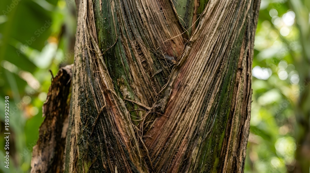 Fototapeta premium Close-up of textured banana tree trunk, natural fibers, jungle foliage background