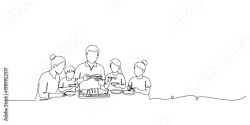 Minimal continuous line drawing of a family dining together.
