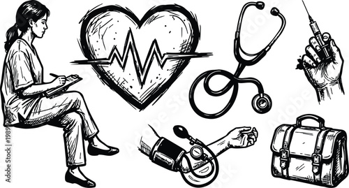 Hand drawn black and white medical set nurse writing heart ecg stethoscope syringe blood pressure cuff and bag