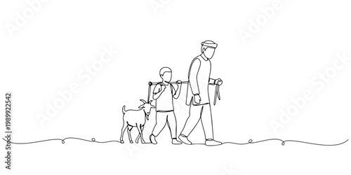 Minimal continuous line drawing of family walking with dog.