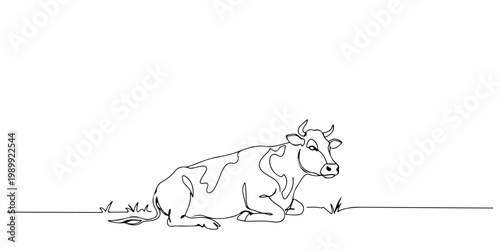 Minimalist pen and ink drawing of a resting cow in profile.