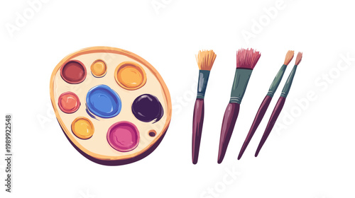 Illustration of art supplies, a palette with color blobs and three paintbrushes on a white background