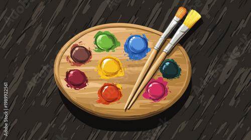 A wooden painter's palette with various paint colors and two brushes, arranged on a dark, textured background