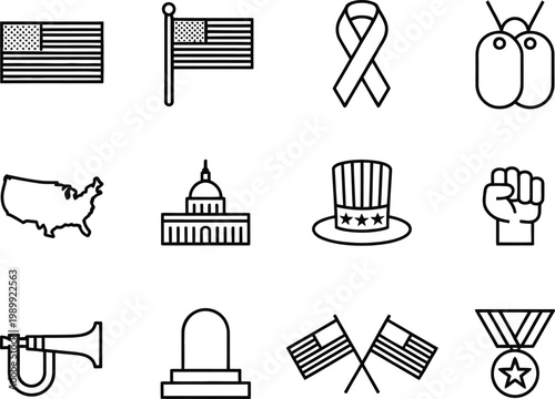 Outline icons representing American patriotism and remembrance