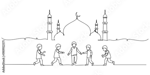 Children walking hand in hand near mosque outline drawing.