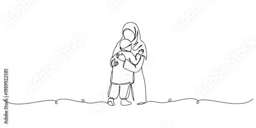 Simple line drawing of mother embracing her child in tenderness.
